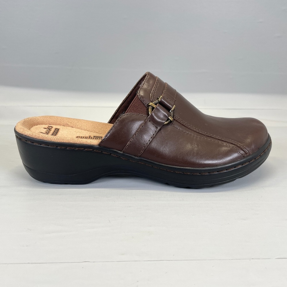 Clarks Hayla Marina Shoes Womens Size 8 M Brown Leather Slip On Wedge Mules